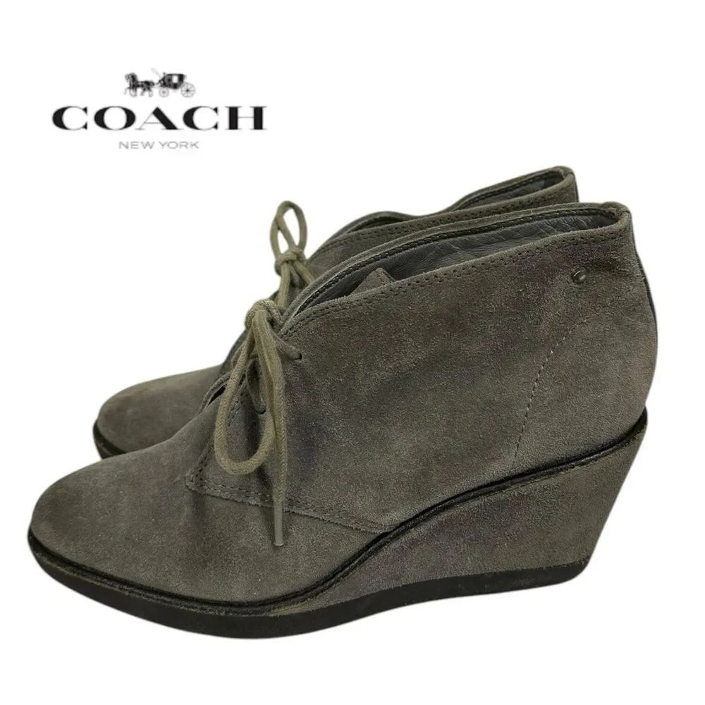 Coach Cassy Women's Grey Suede Leather Lace Wedge Ankle Boots Booties 7